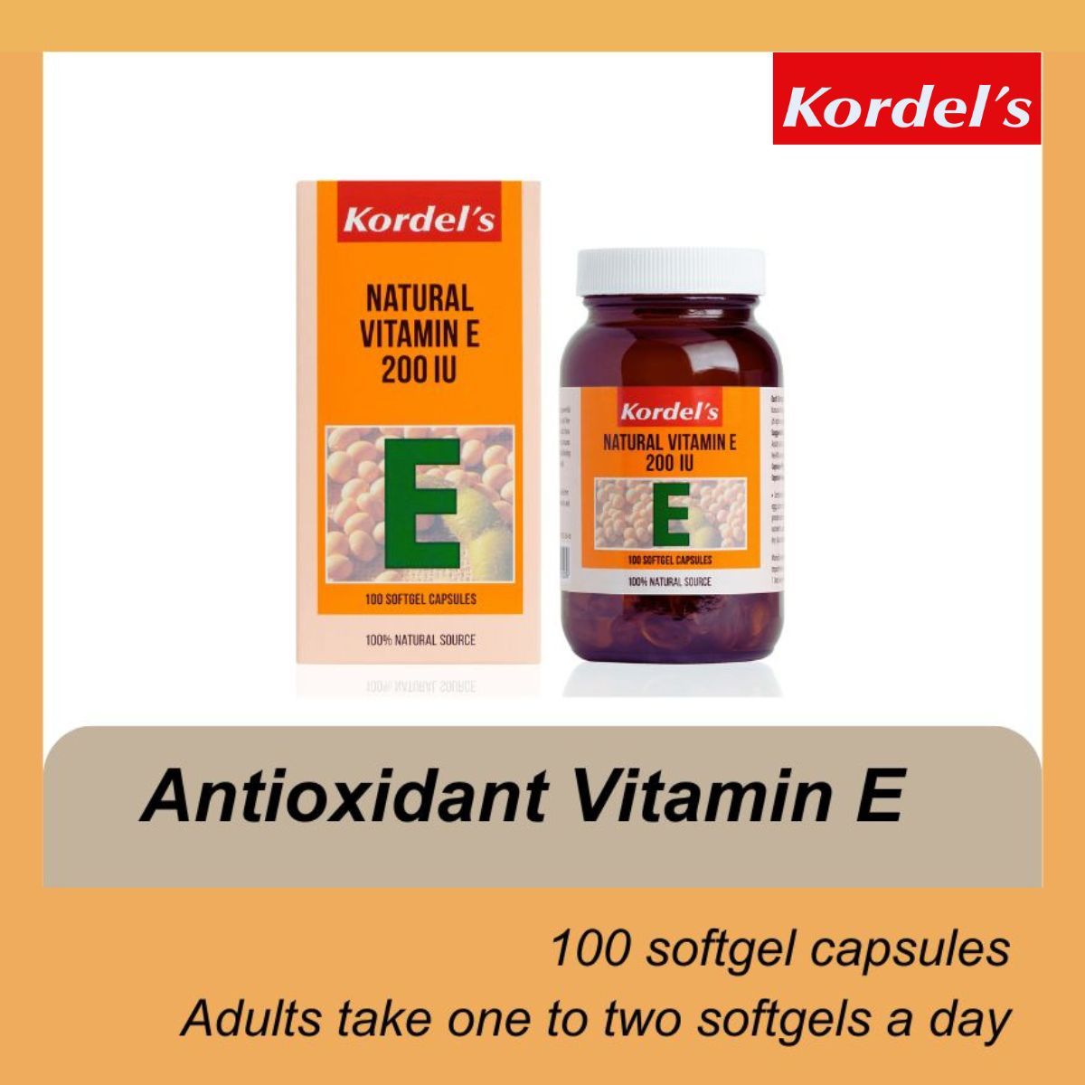 Kordel's Natural Vitamin E 200 IU (100 Softgel Caps)